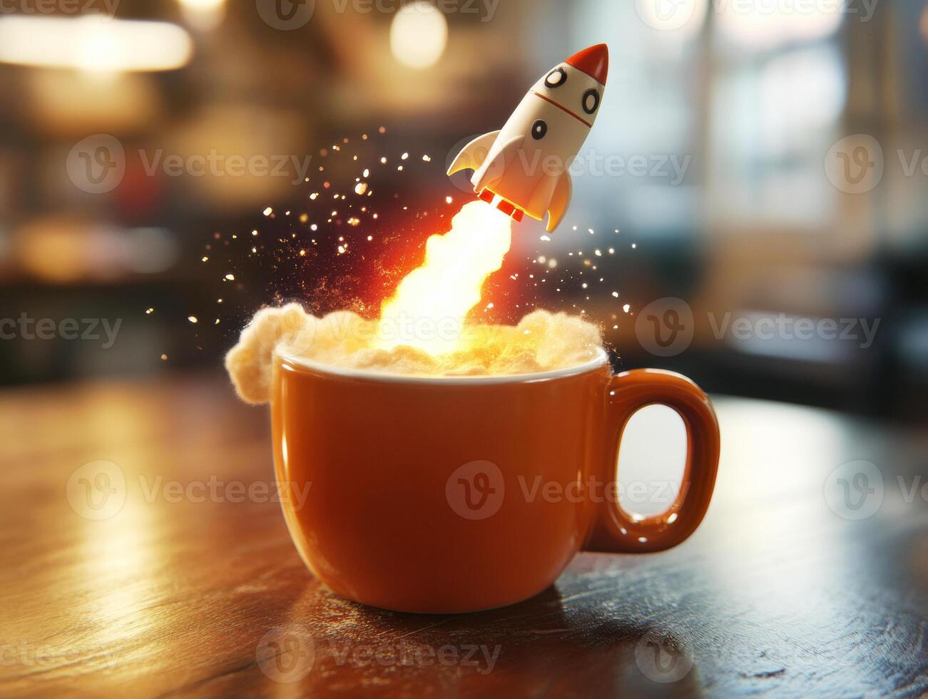 Creative coffee cup with rocket launch concept in cozy cafe photo