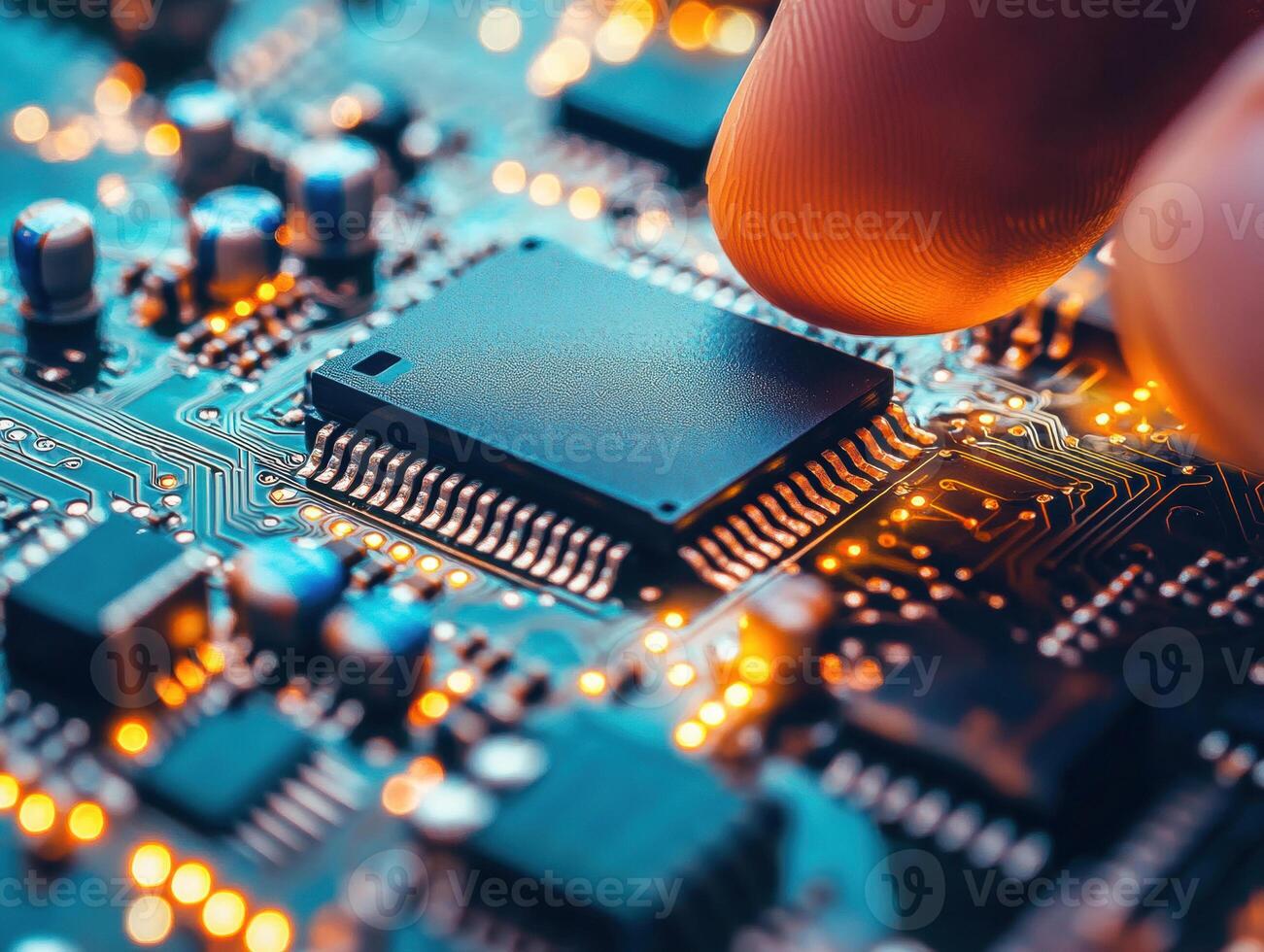 Close-up of a person inspecting a circuit board with microchips photo