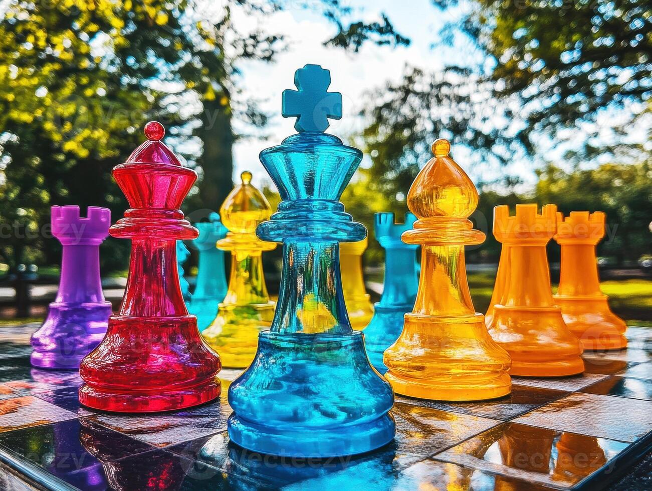 Colorful outdoor chess set under bright afternoon sunlight photo