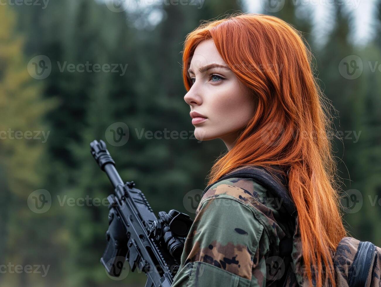 Red-haired female soldier stands in forest holding rifle photo