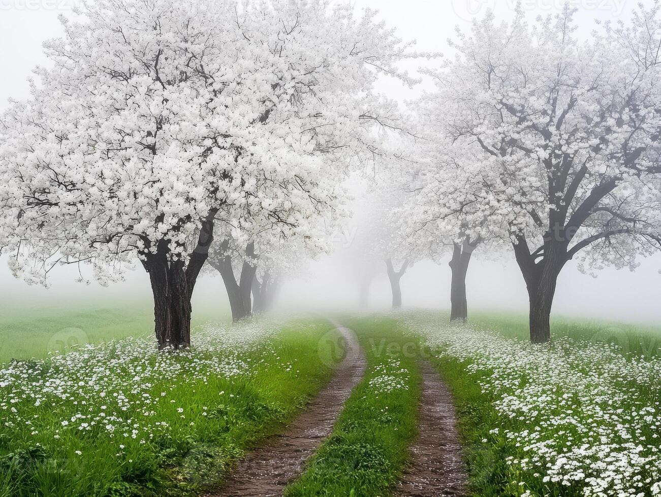 White blossom trees line a misty path through a green meadow photo