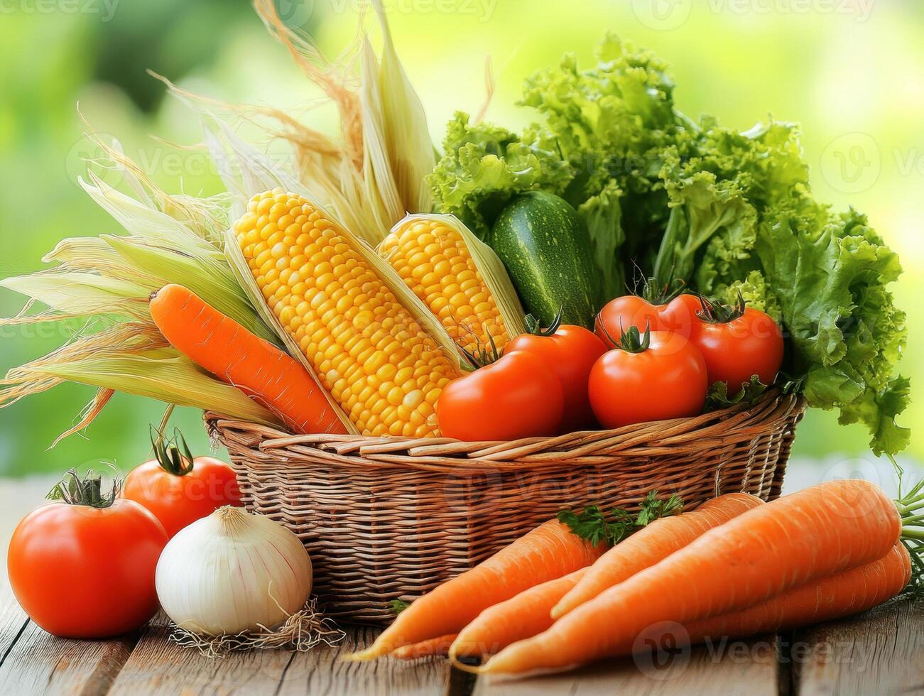 Fresh vegetables in a basket on a wooden table in the garden photo