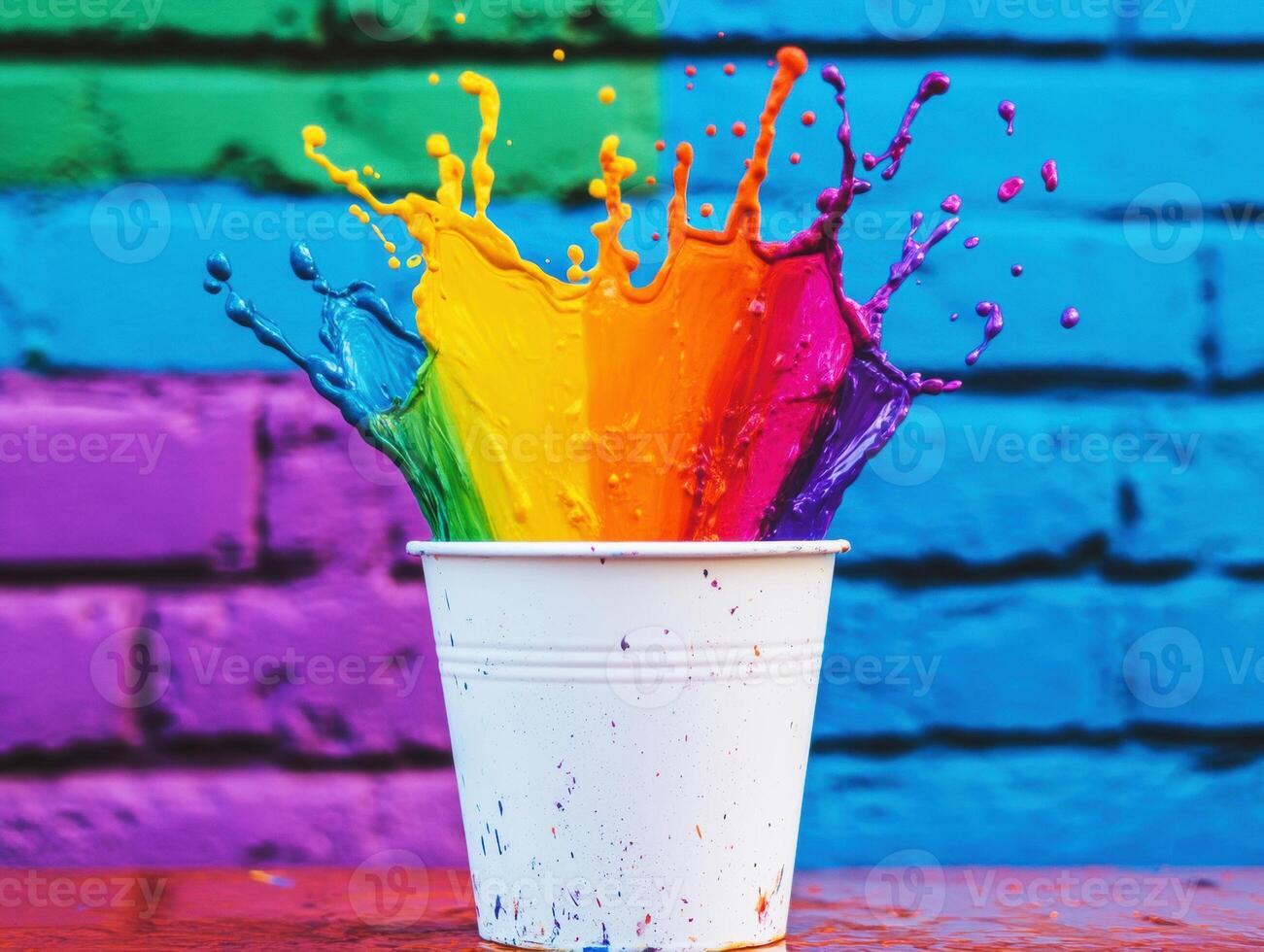 Colorful paint splashes from a cup against a vibrant wall photo