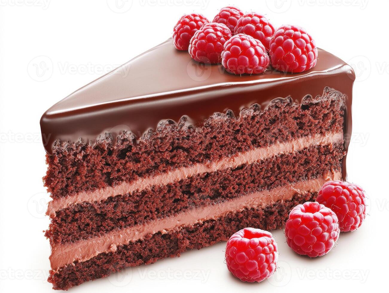 Chocolate cake slice with raspberries on a white background photo