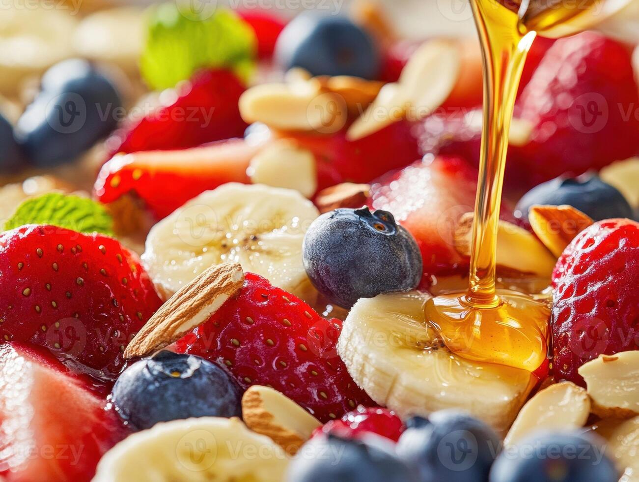 Healthy fruit salad with honey drizzle and nuts for breakfast photo