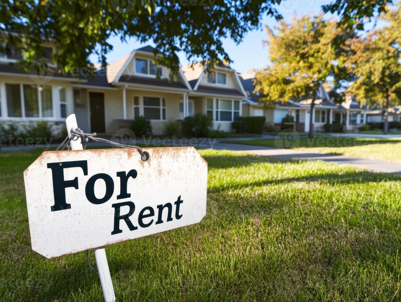 House for rent with signage in a residential neighborhood photo