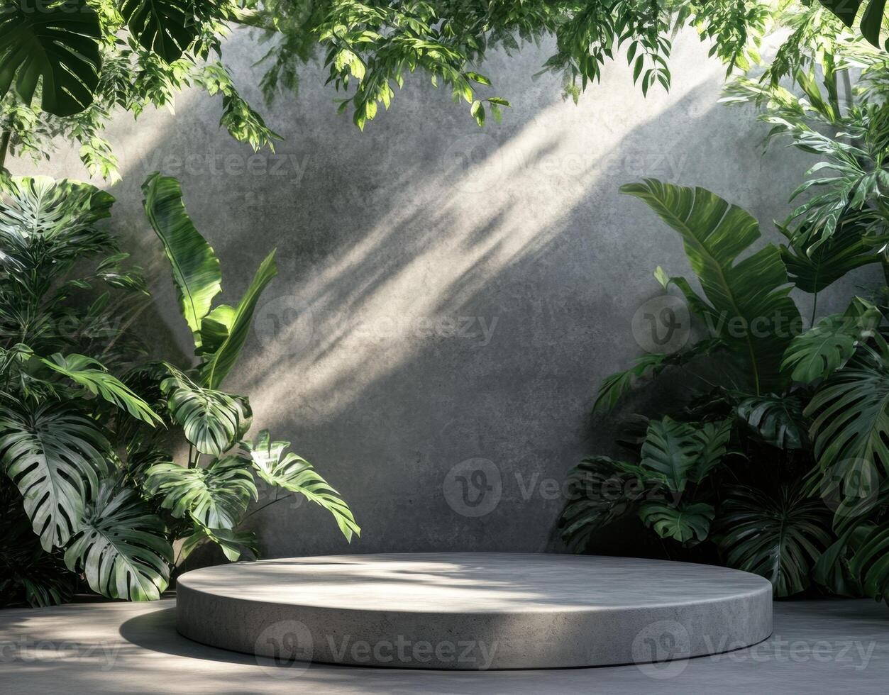 Minimalist indoor garden with concrete platform surrounded by greenery photo