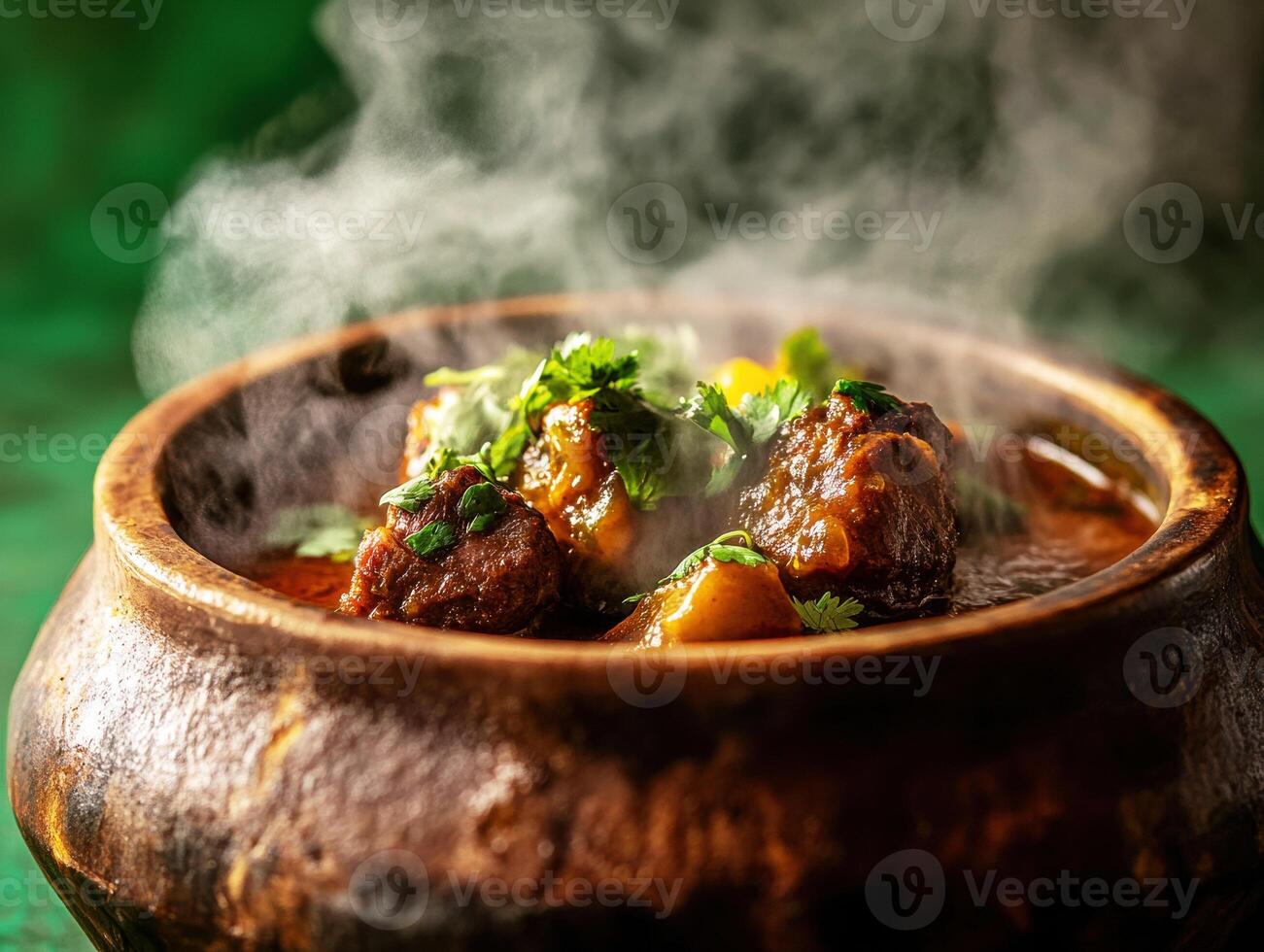 Delicious traditional stew served in a rustic clay pot photo
