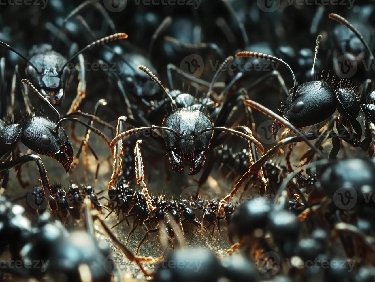 Close-up view of black ants interacting in their colony photo