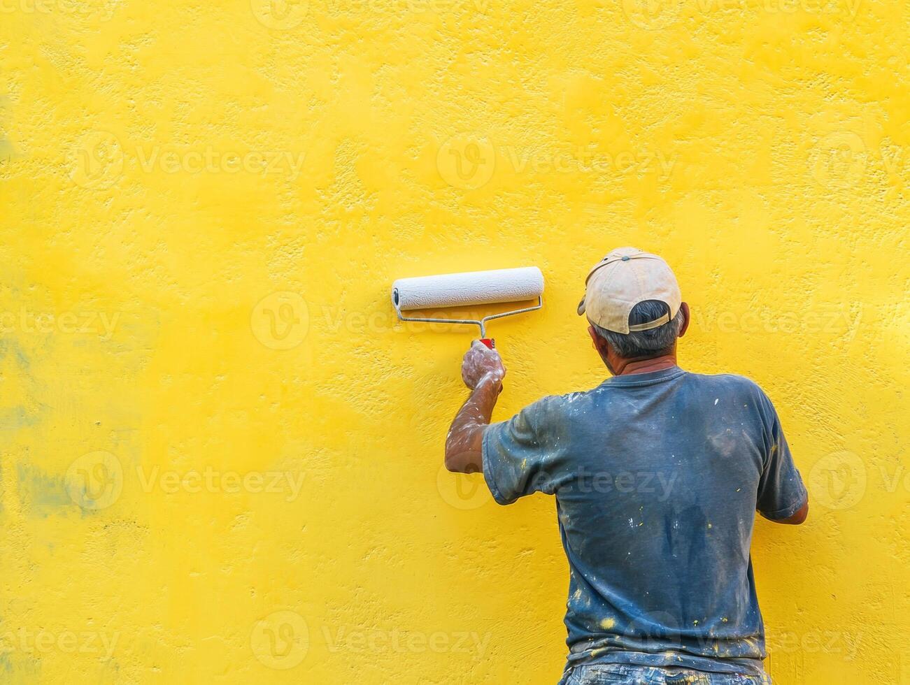 Man painting a bright yellow wall with a roller in sunlight photo