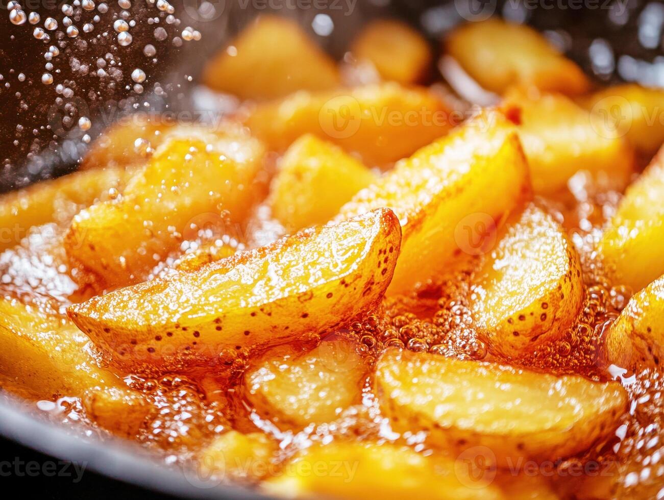 Crispy golden potato wedges frying in hot oil in a pan photo