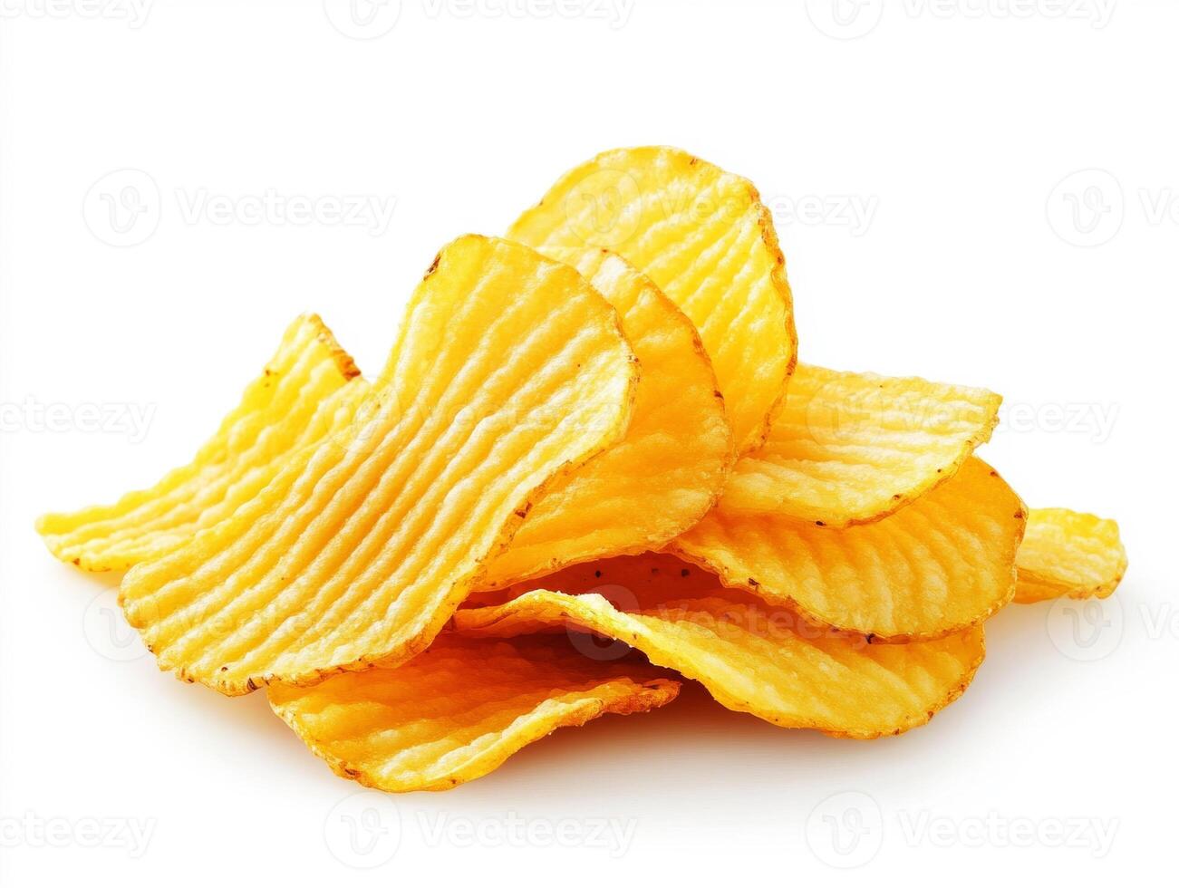 Crispy potato chips stacked on a clean white background photo