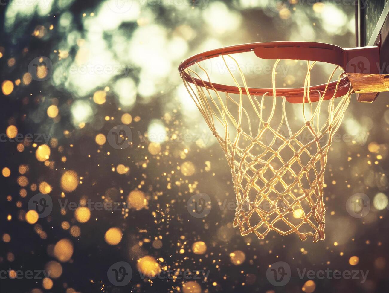 Basketball hoop with sunlight creating a magical atmosphere photo