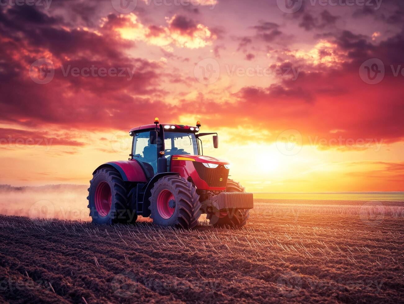 Tractor working in the field during a vibrant sunset photo