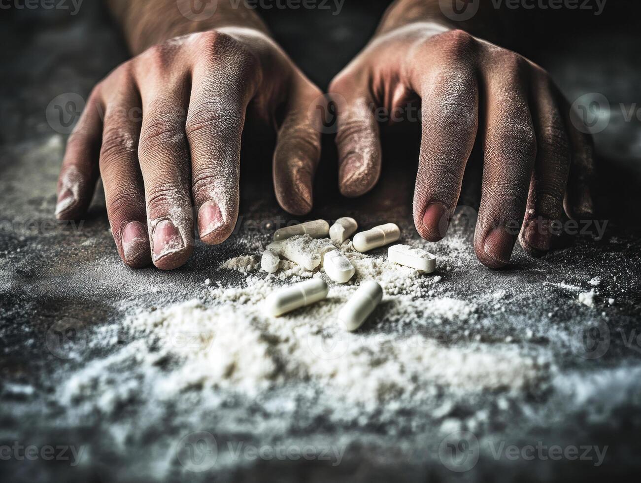 Hands with pills on dark surface show urgency and distress photo