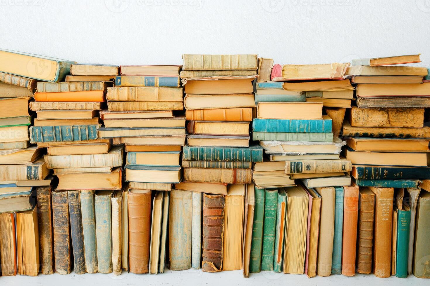 Stacked vintage books in a cozy reading corner photo