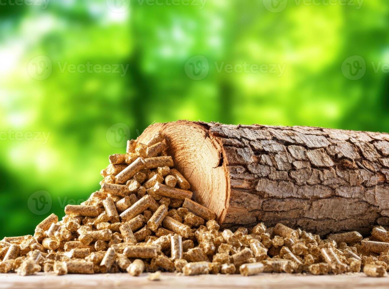 Wood pellets spilling from a log in a forest setting photo