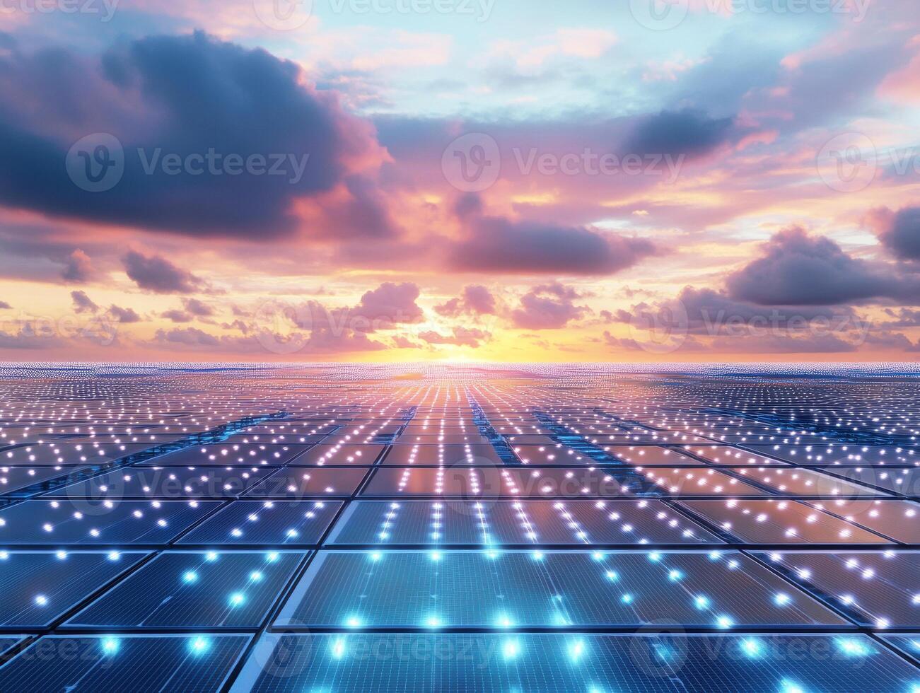 Vast solar panel field under a colorful sunset sky photo