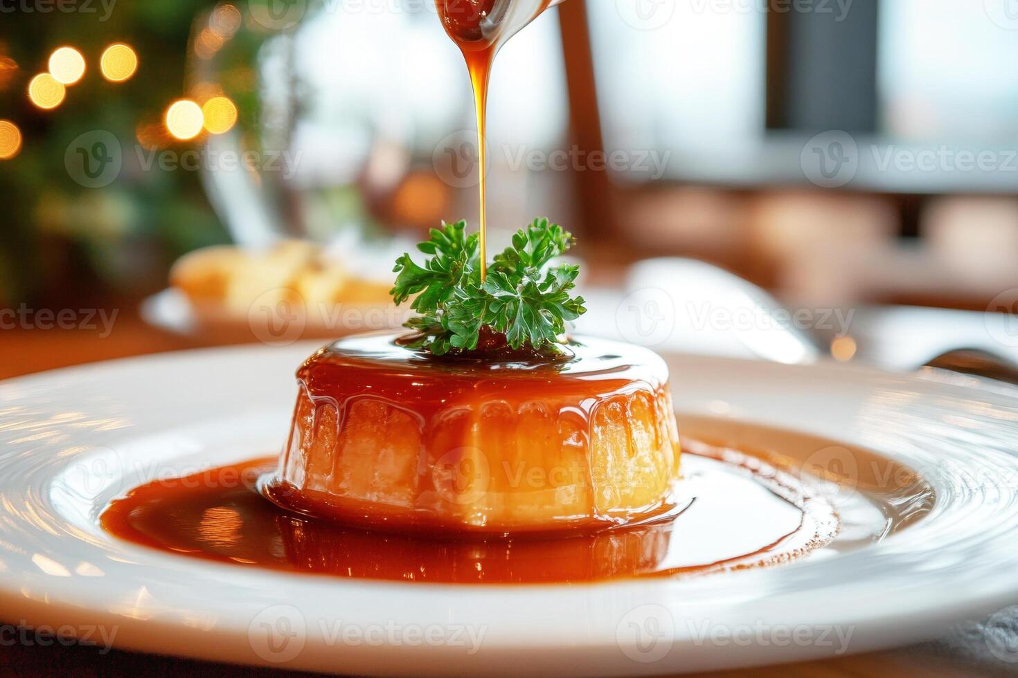 Delicious dessert served on elegant plate with caramel drizzle photo