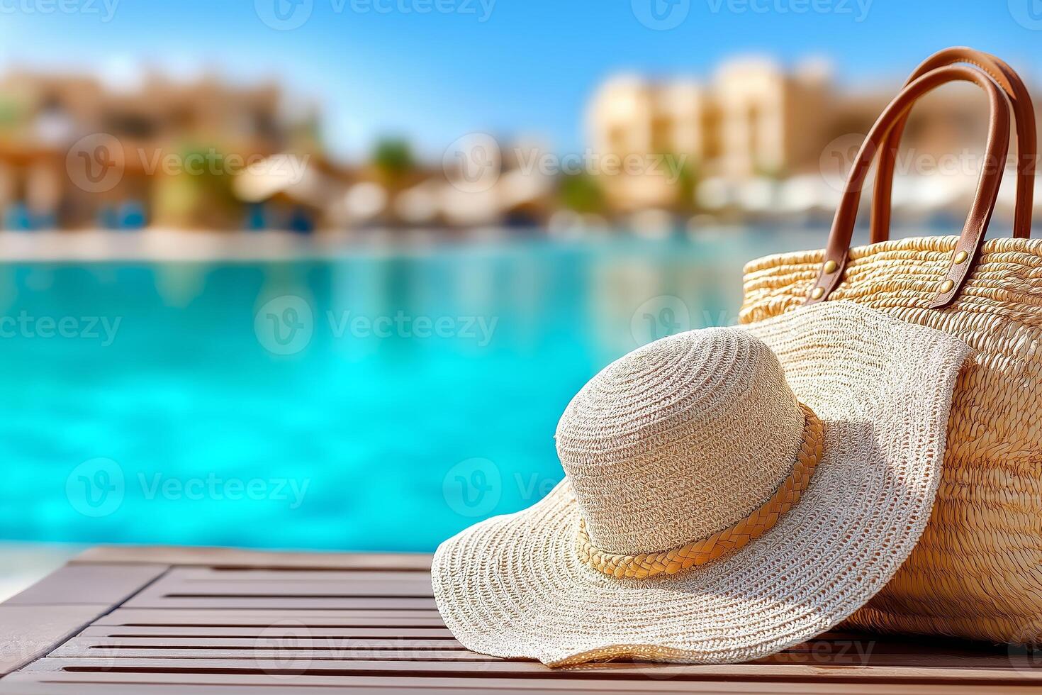 Relaxing by the pool with a sun hat and a woven bag on a warm summer day in a tropical resort setting. sun hat rests on a wooden lounger next to a stylish woven bag against swimming pool photo