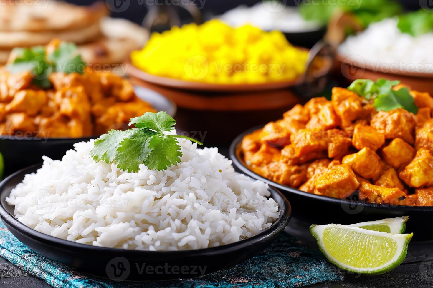 Delicious paneer tikka masala served with fresh vegetables and fragrant rice at a street food market. Savor the rich flavors of paneer tikka masala accompanied by vibrant salad and fluffy rice photo