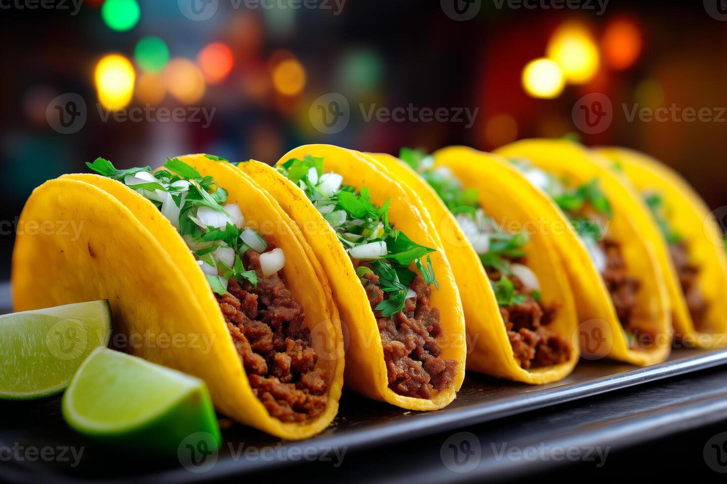 Delicious Mexican tacos served at a vibrant street food market in the evening with soft focus background. Tacos filled with savory meat are neatly arranged on platter in a bustling street food market photo