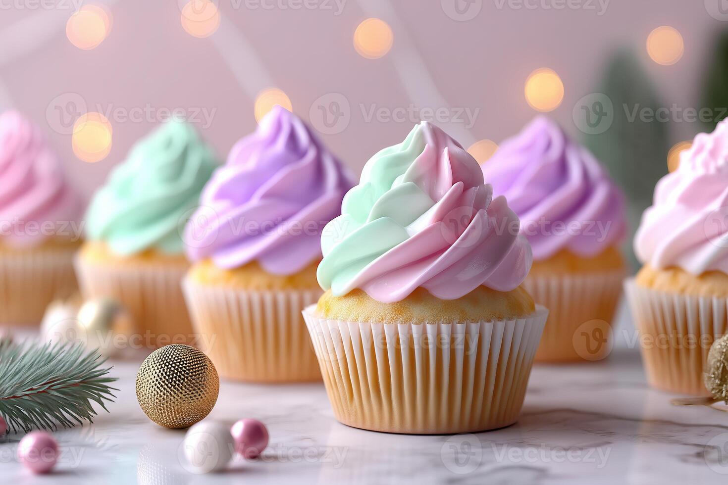 Delightful assortment of pastel cupcakes with smooth icing on a marble surface for a festive celebration. Colorful pastel cupcakes topped with smooth icing arranged on a light marble surface photo