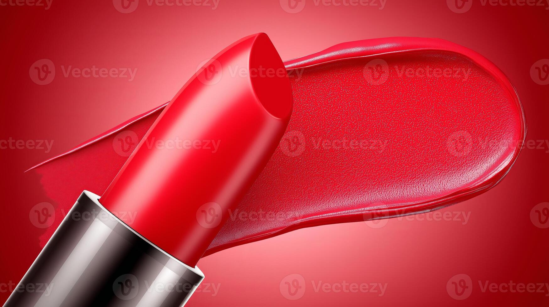 Rich red lipstick smear contrasts beautifully against a warm pink gradient backdrop for high-impact visual appeal. Vibrant red lipstick smear with thick texture rests on red gradient background photo
