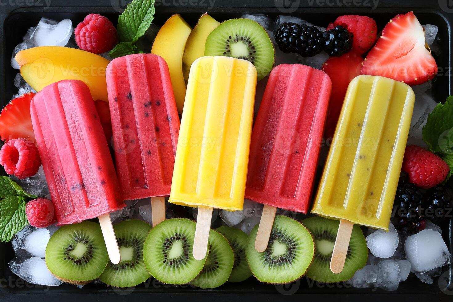 Colorful fruit popsicles with fresh ingredients lying on ice cubes photo