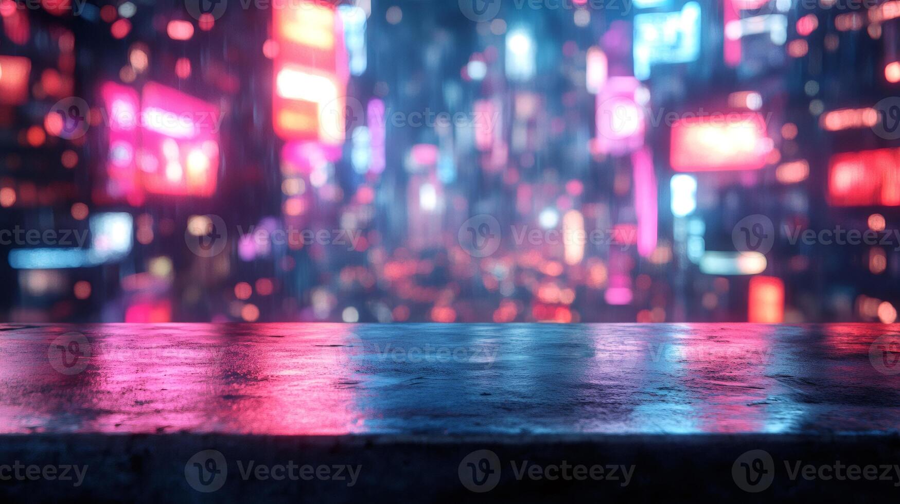 Empty wet asphalt surface reflecting futuristic cyberpunk city lights at night photo