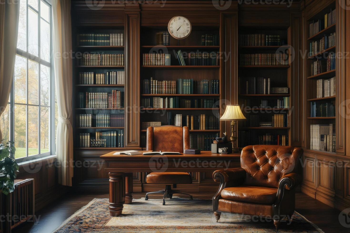 Classic home library with leather furniture invites reading and studying photo
