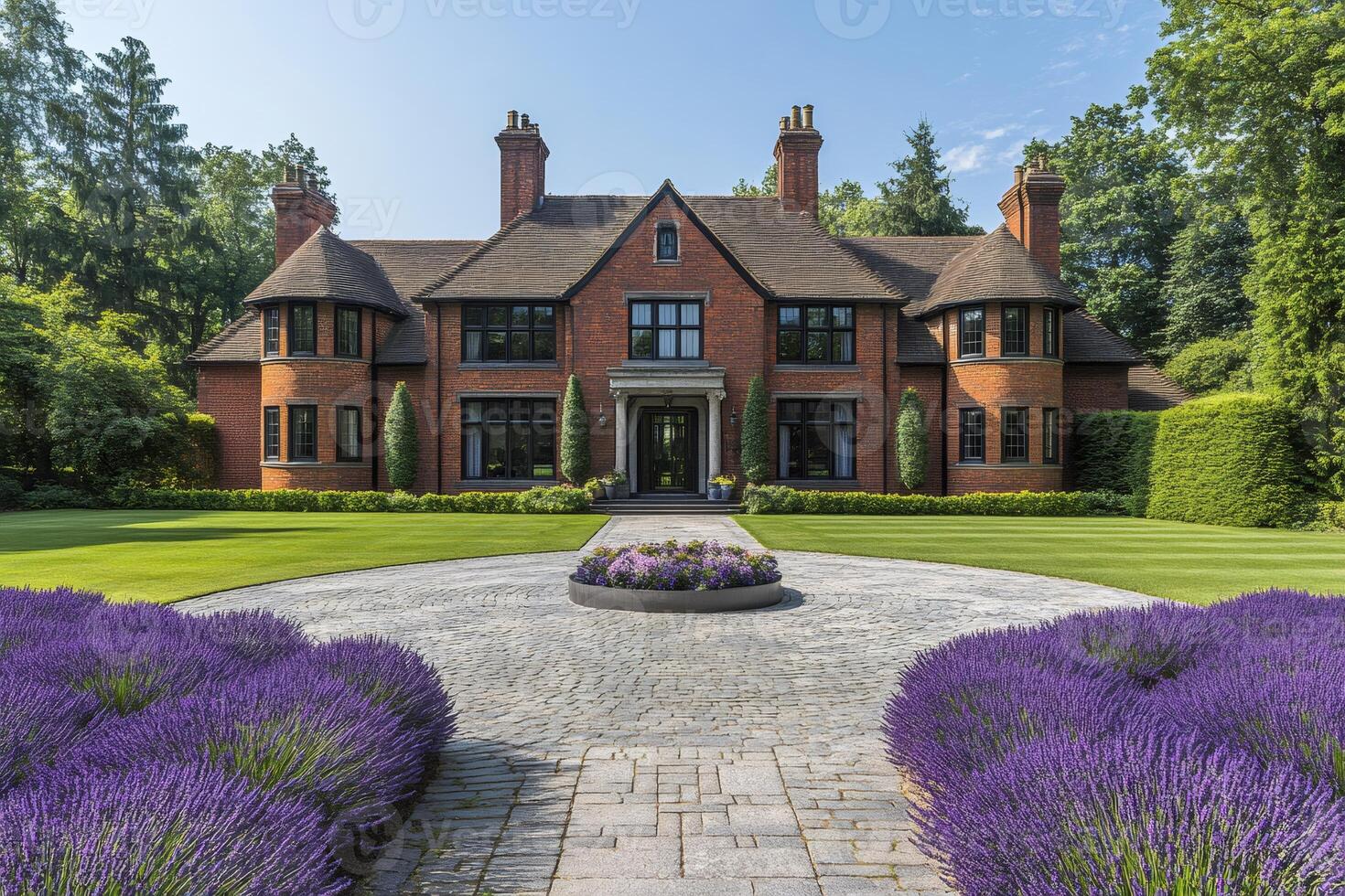 Luxury brick house with lavender garden and cobblestone driveway on sunny day photo