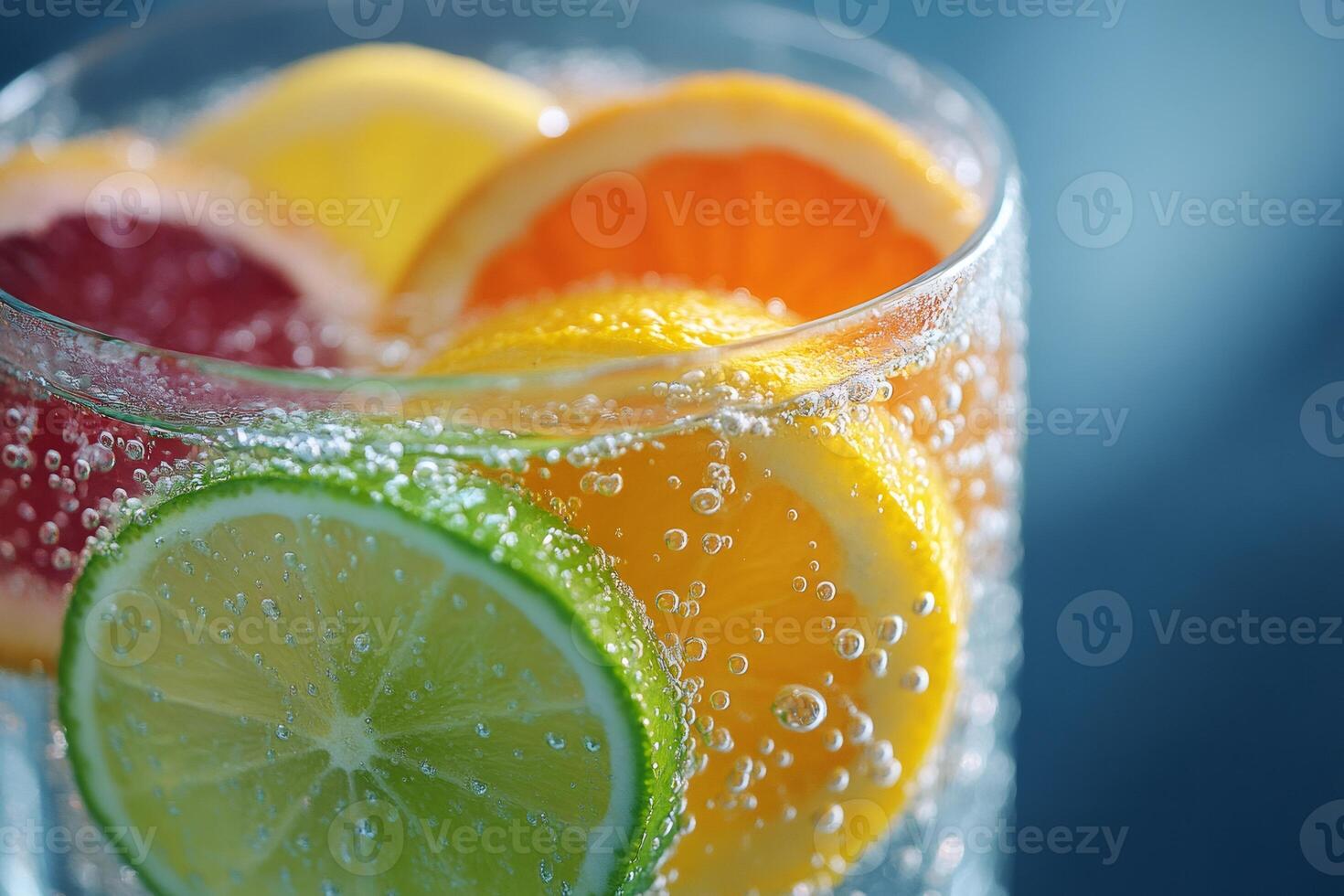 Refreshing citrus fruit slices submerged in sparkling water with bubbles photo