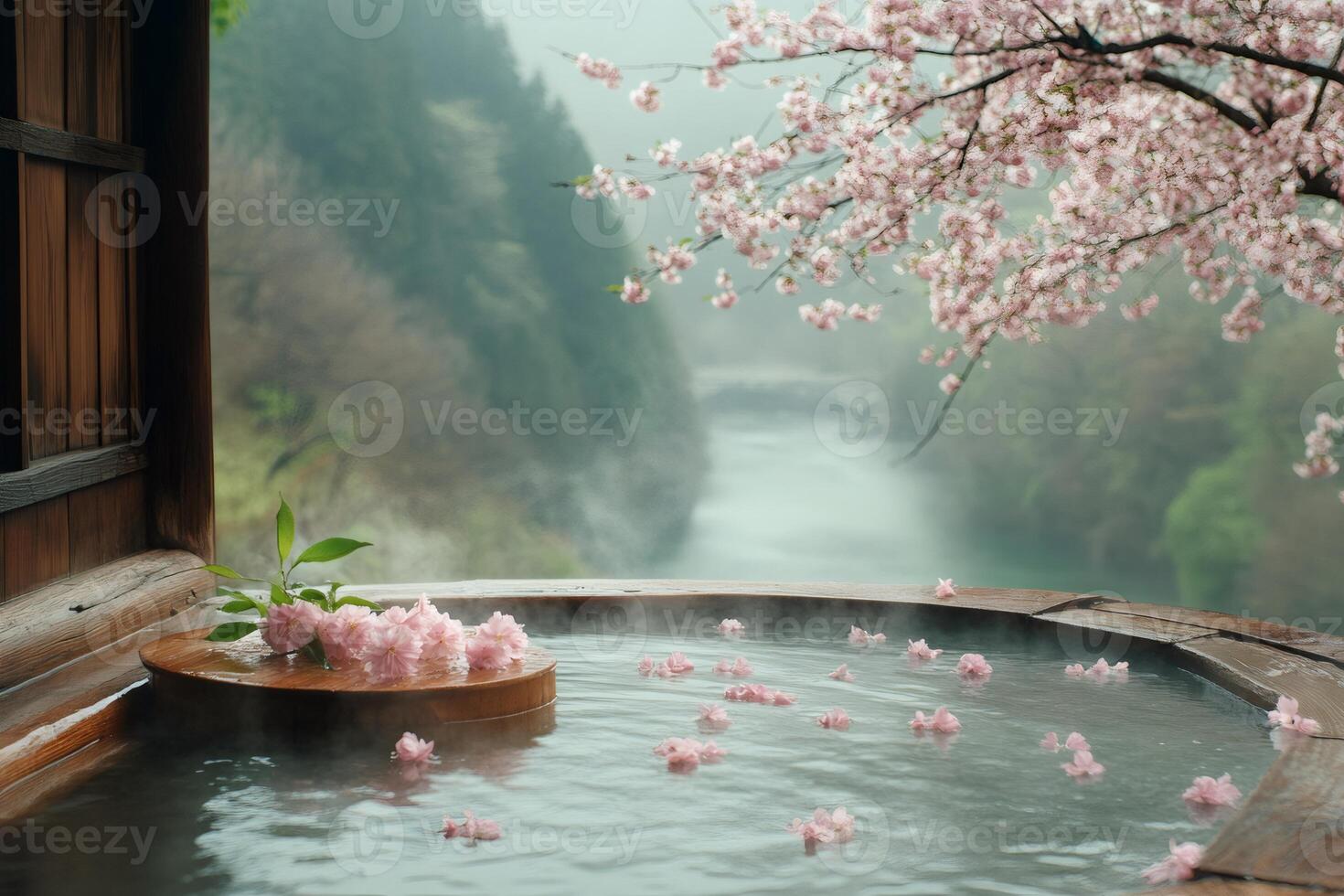 Steaming outdoor hot spring with cherry blossoms overlooking serene river photo