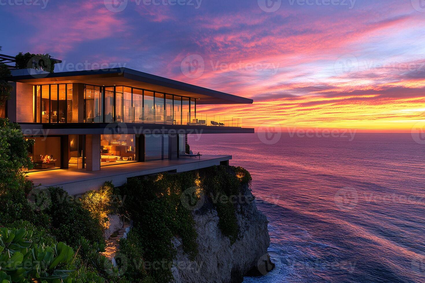 Modern cliffside villa overlooking a vibrant sunset ocean view in bali photo