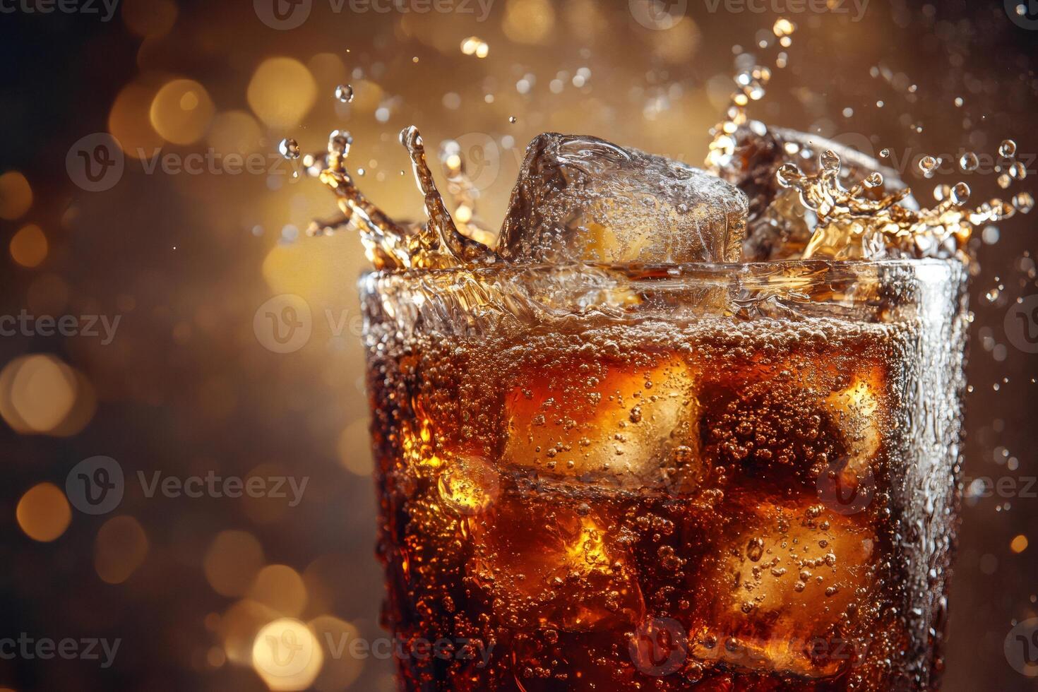 Ice cubes splashing into glass of cola with bubbles on gold background photo