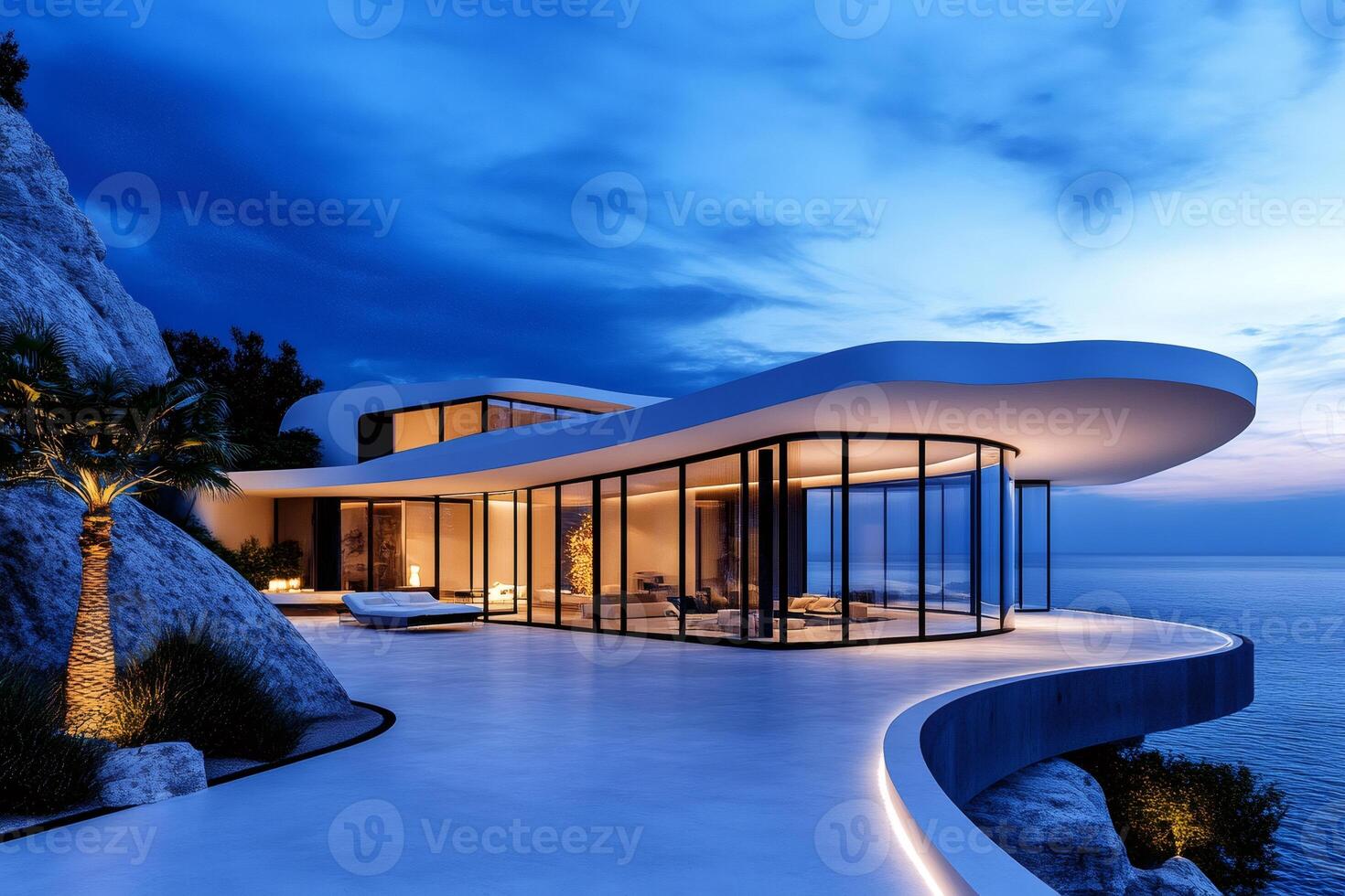 Modern luxury cliffside villa overlooking tranquil ocean at dusk photo