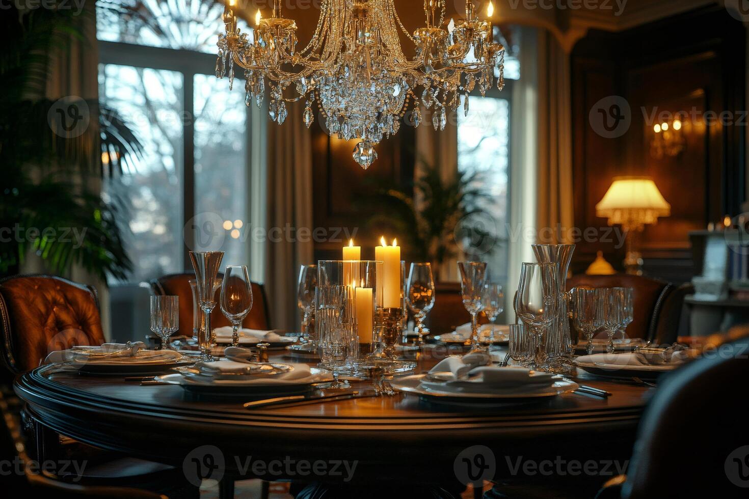 Elegant dining table set for dinner party with crystal chandelier illuminating room photo