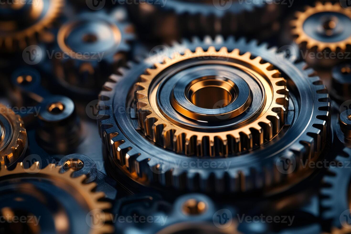 Close up view of interlocking gears working together in perfect harmony. .. photo