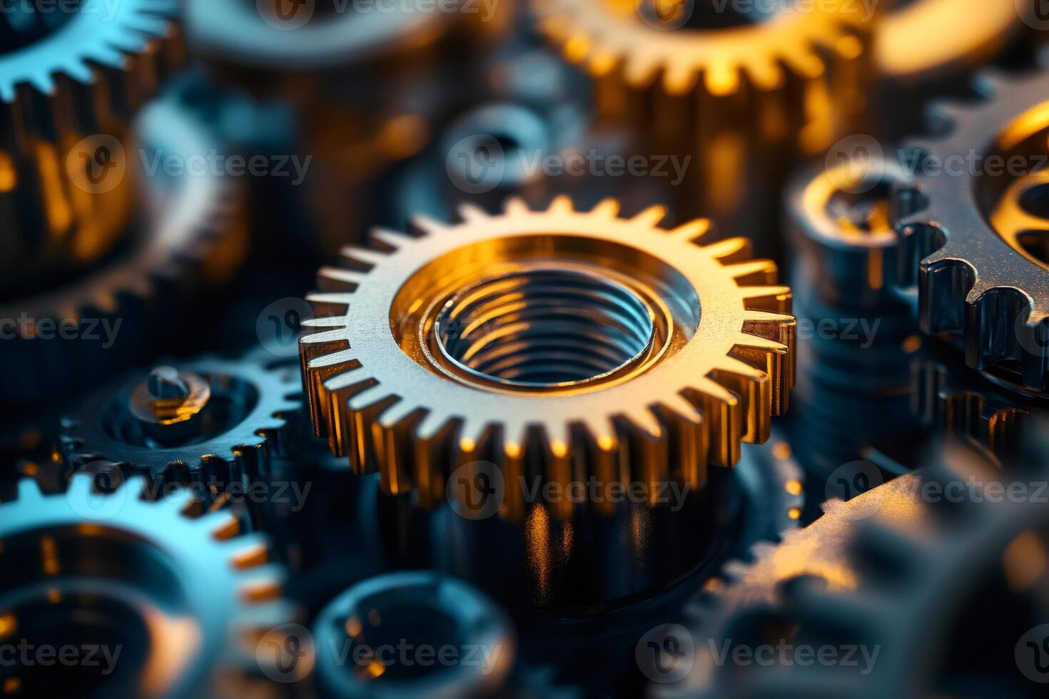 Close up view of interlocking gears working together in perfect harmony... photo