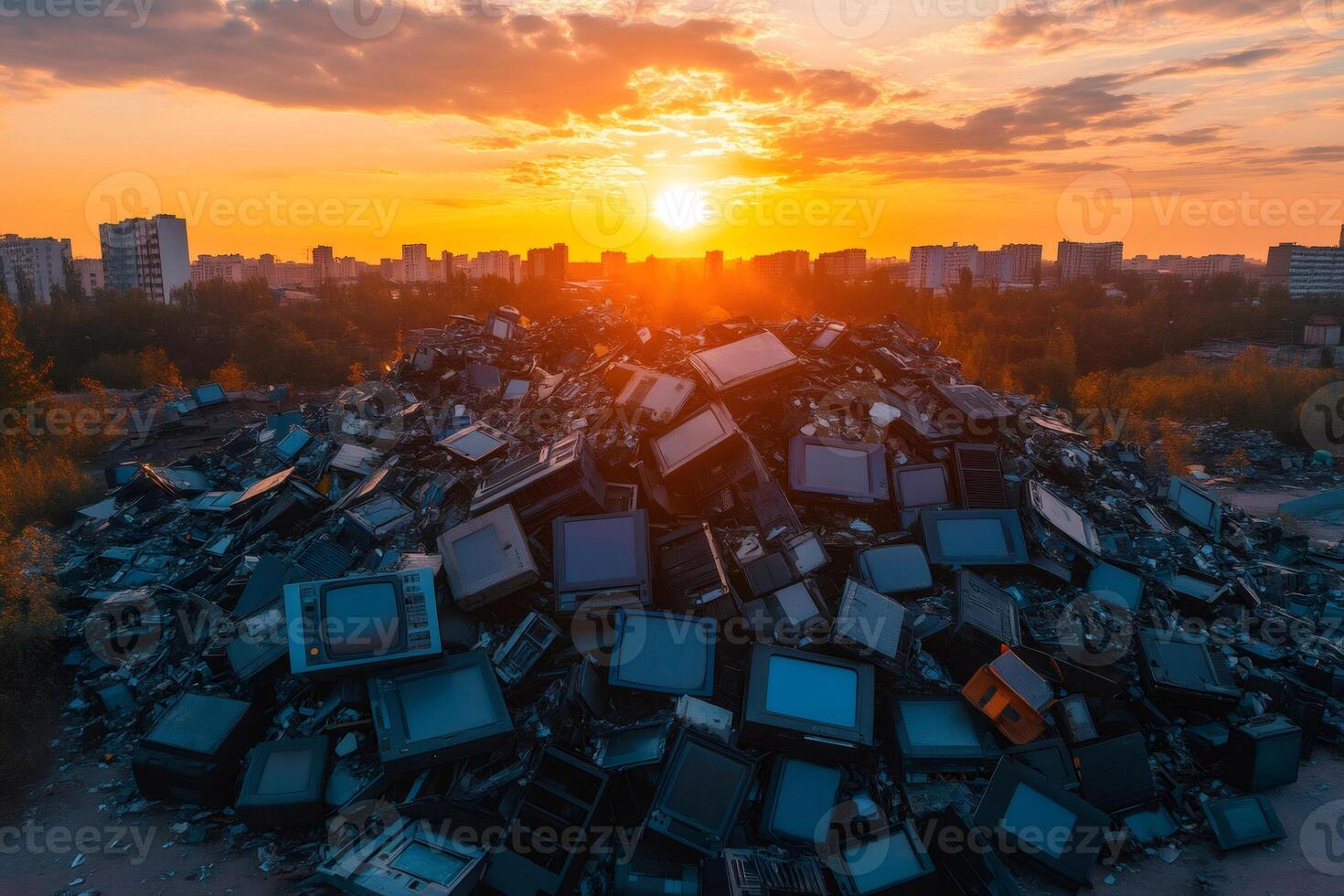 Huge pile of broken televisions and monitors at sunset creating e waste photo