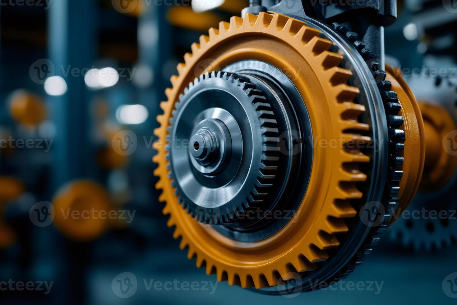 Gears rotating smoothly in modern industrial factory machinery photo