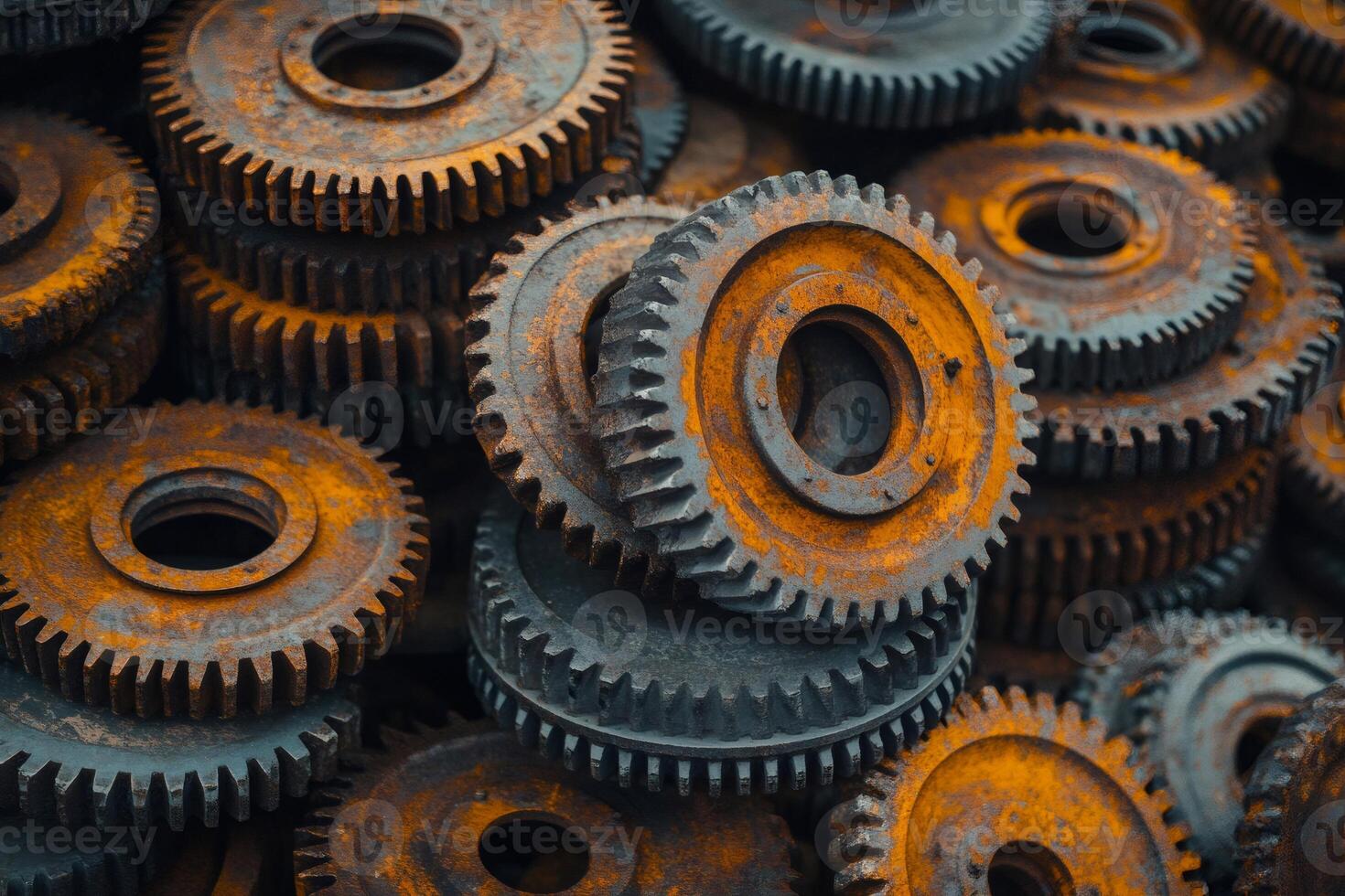 Rusty industrial gears forming intricate mechanical background photo