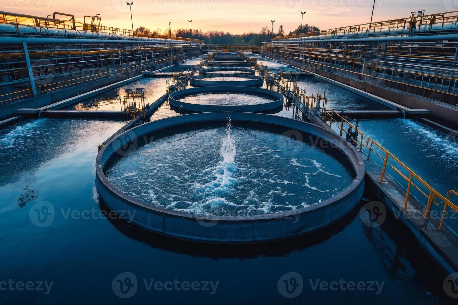 Modern water treatment plant filtering wastewater at sunset photo