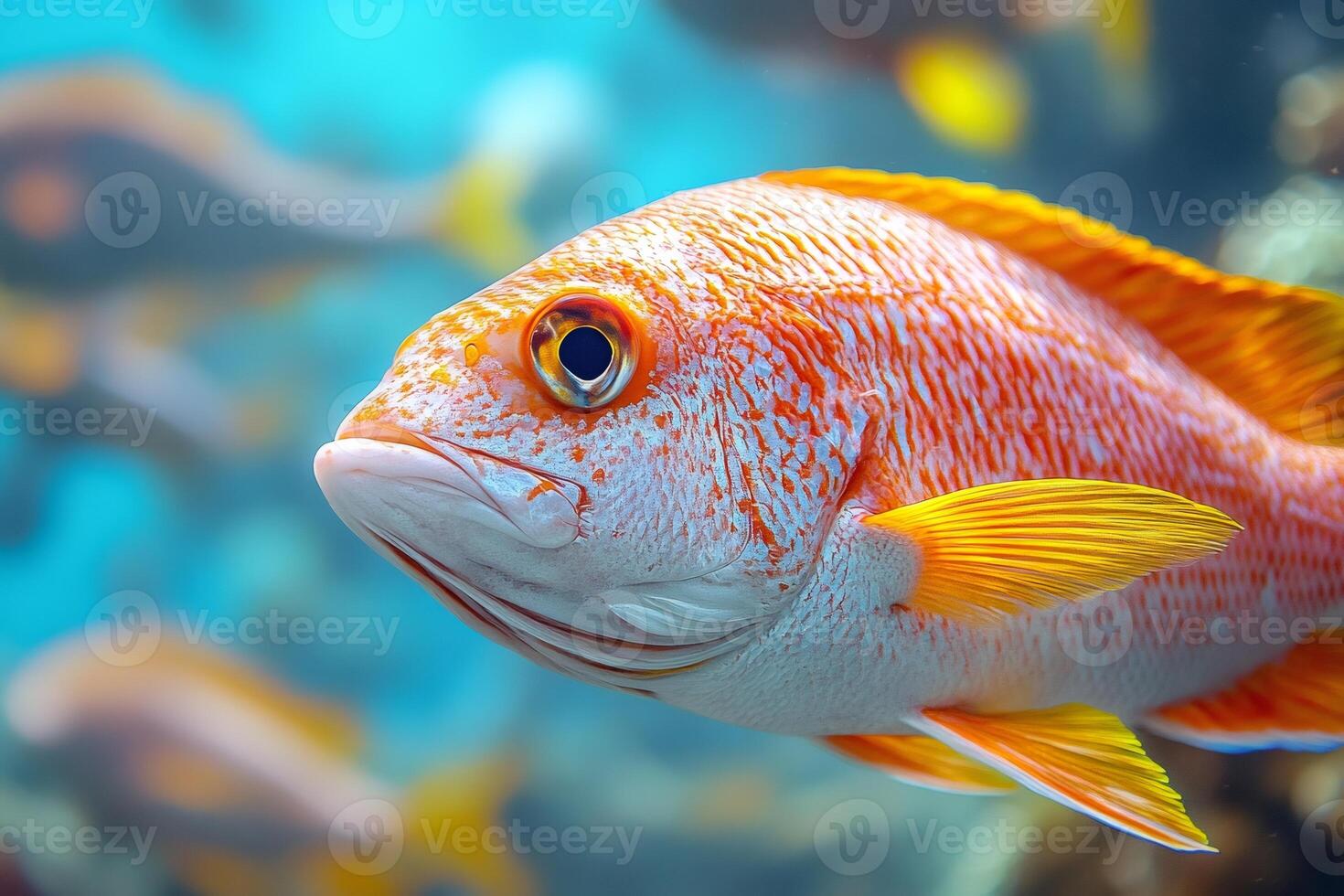 Northern red snapper swimming in aquarium with blurred fish in background photo