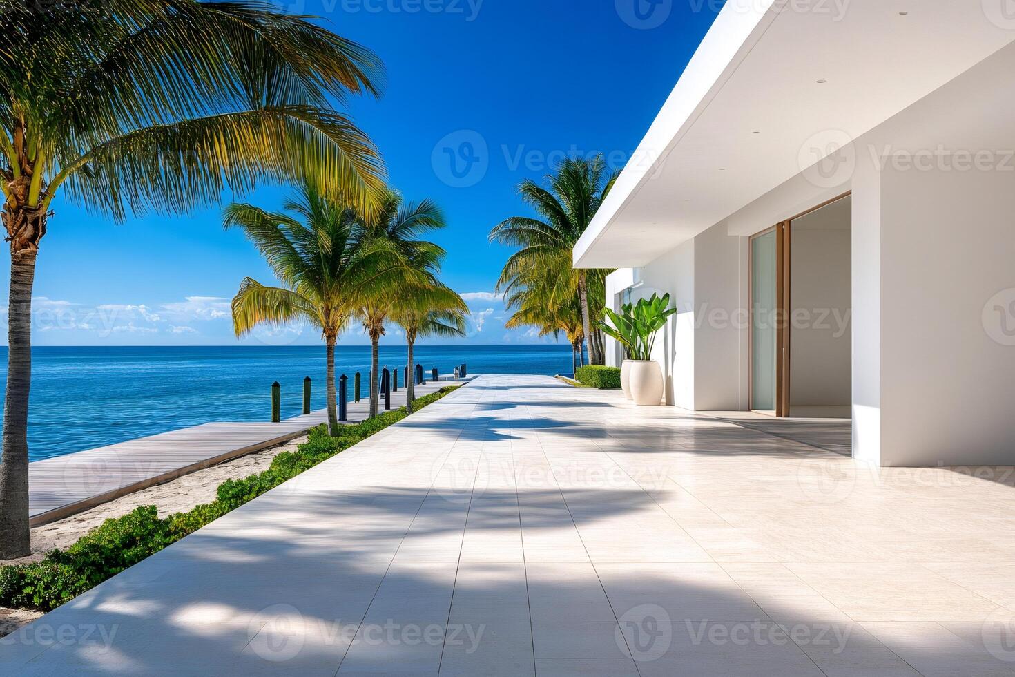 Luxurious beachfront villa with palm trees and stunning ocean view photo