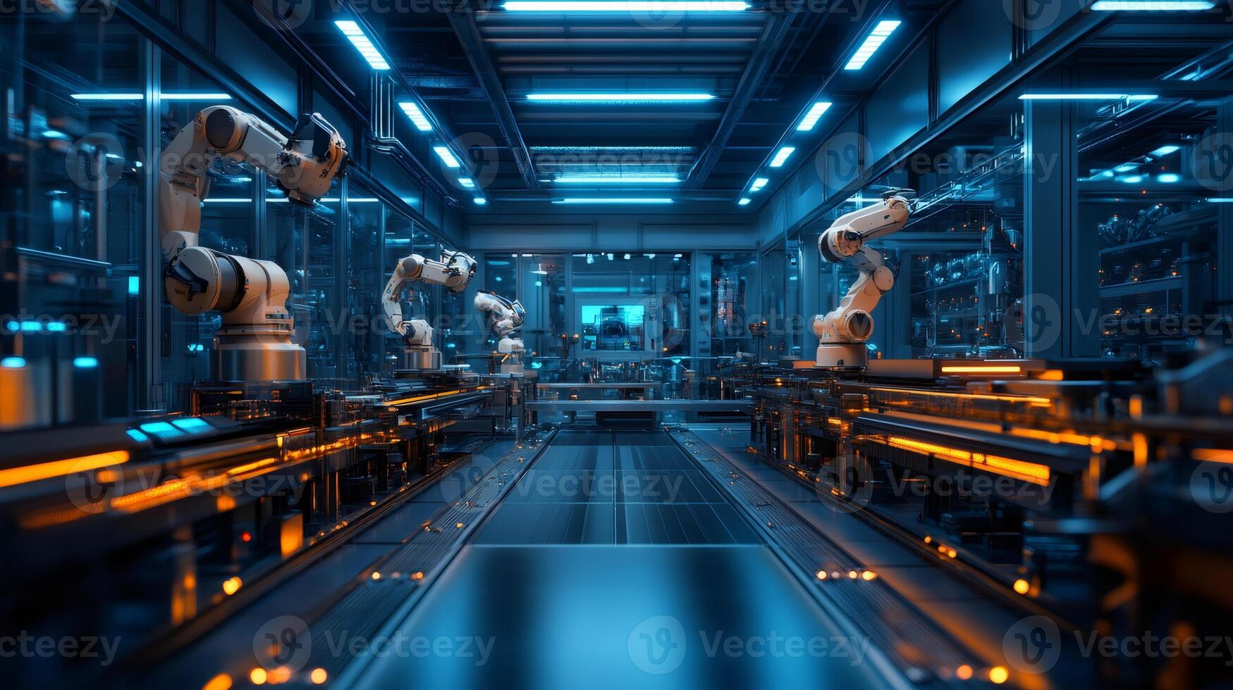 Robotic arms working on assembly line in modern factory. .. photo