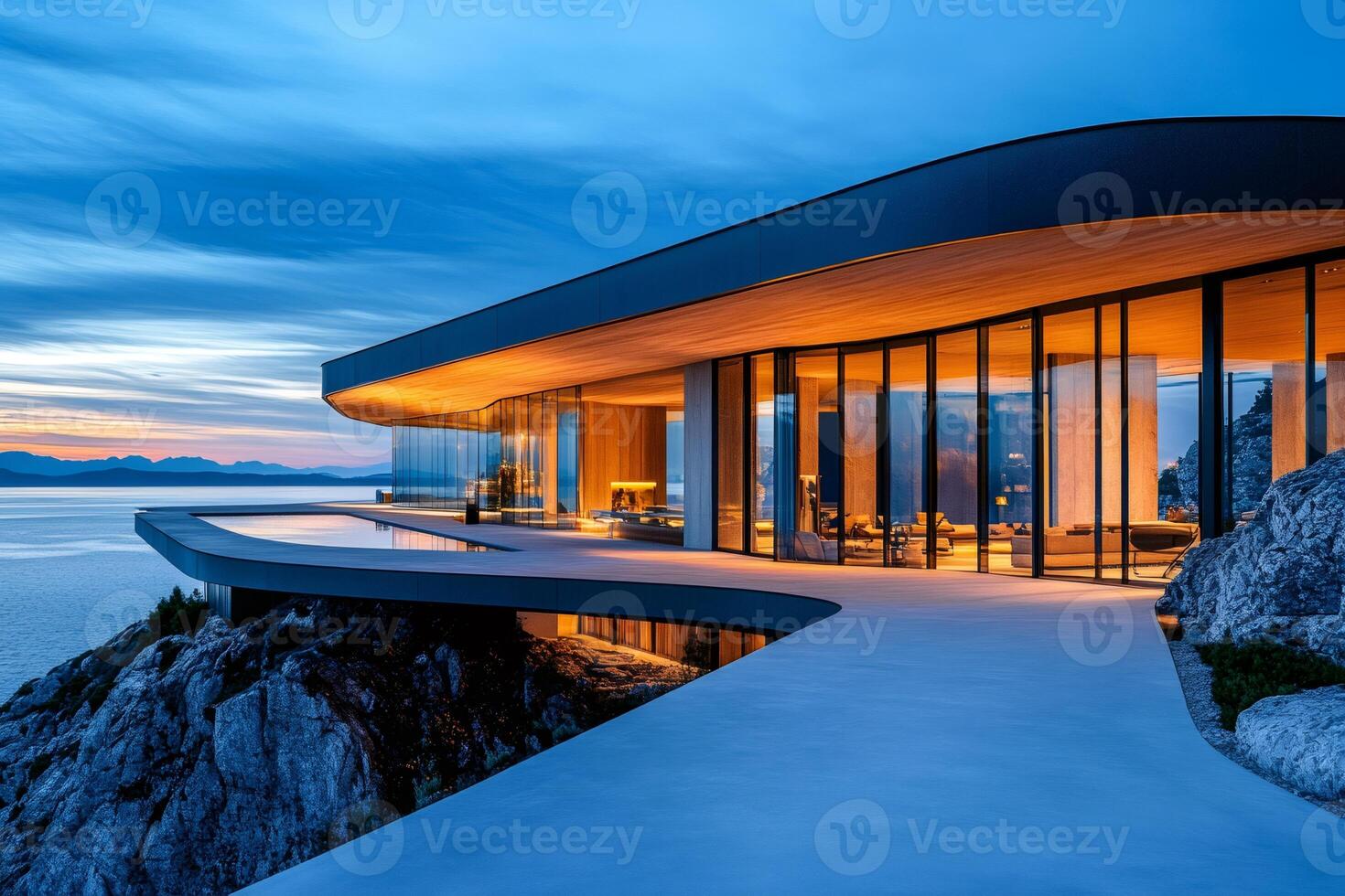 Modern luxury cliffside villa overlooking tranquil ocean at sunset... photo