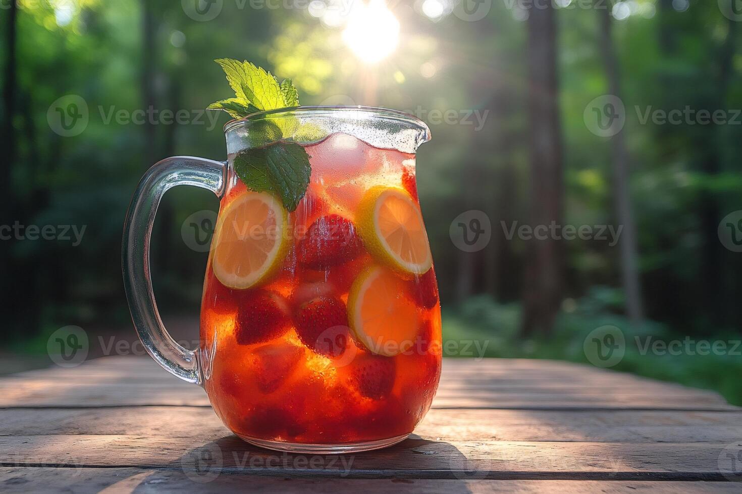 Refreshing strawberry lemonade in glass pitcher on wooden table in forest setting photo