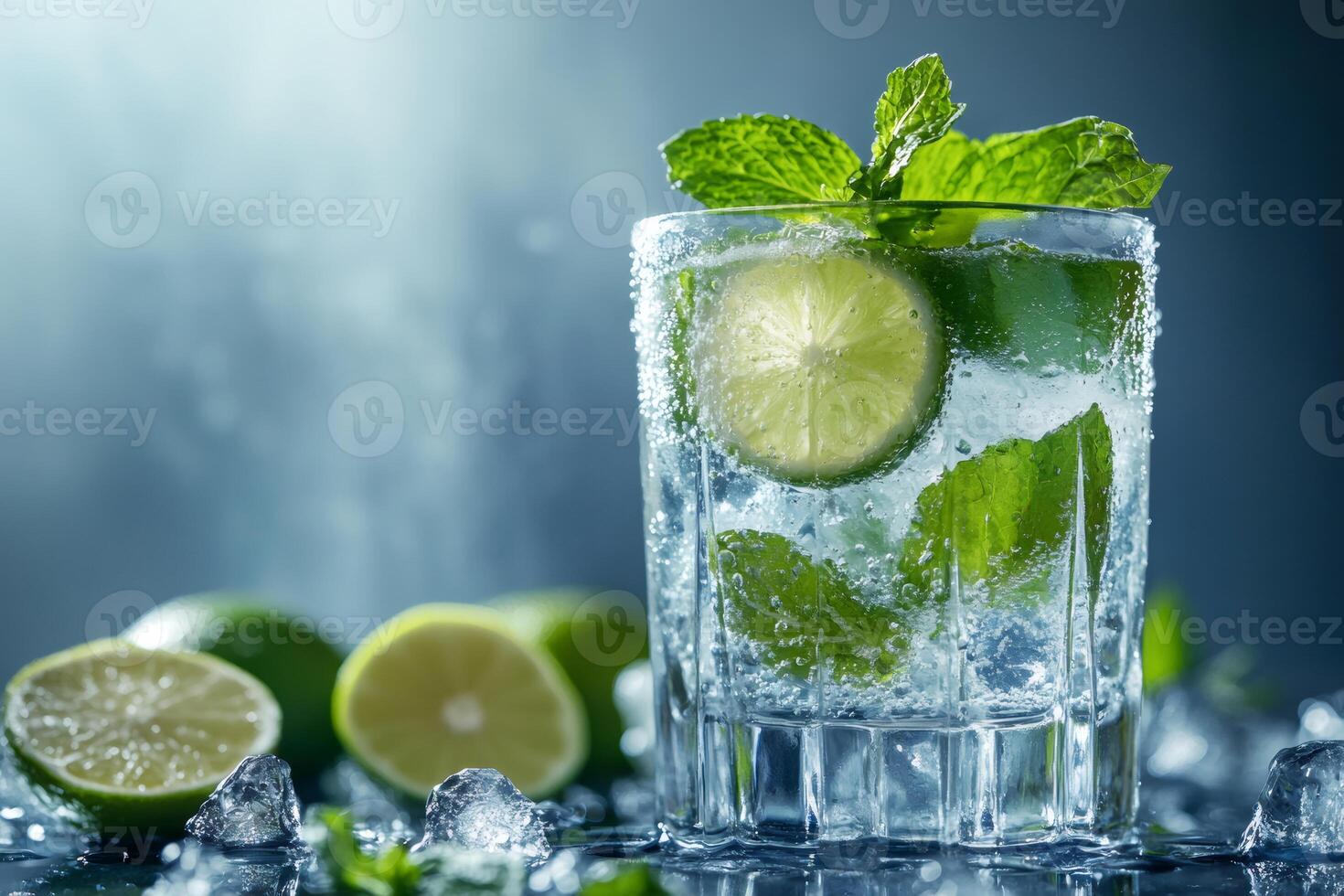 Refreshing mojito cocktail with lime, mint, and ice cubes on smoky background photo
